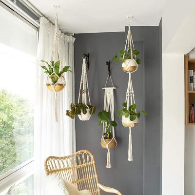 4 Stuks Plantenhangers - Hangpot voor Binnen/Buiten - Bloempot met Kralen - Macramé Touw/Koord Hangplant Houder - Wandhanger - Planthanger 1