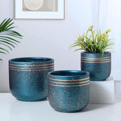 Bloempotten Binnen - Keramiek - Gouden Rand - Bloempot buiten - Afvoergat 24 cm - Turquoise– Groot