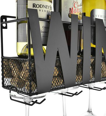 Wijnrek Wijnglazen – Voor aan de muur – RVS Metaal – Hangend – Wandmontage – Zwart – Industrieel – Incl. bladeren en kersen 1