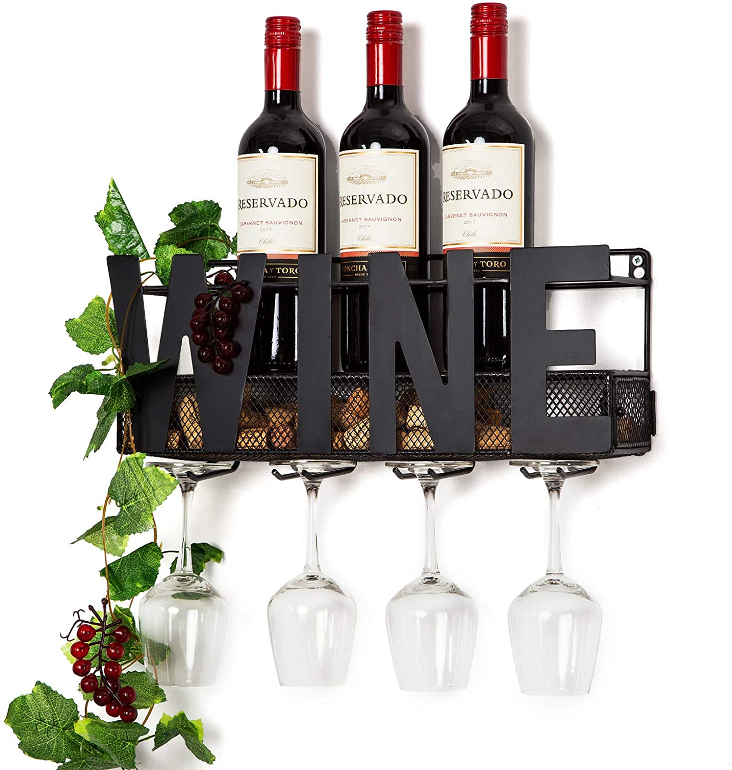 Wijnrek Wijnglazen – Voor aan de muur – RVS Metaal – Hangend – Wandmontage – Zwart – Industrieel – Incl. bladeren en kersen