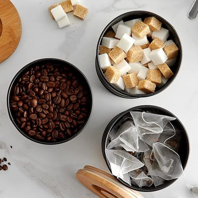 Bewaarblik - Voorraadpotten - Suikerpot - 3 stuks - Voorraadblik - Deksel Bamboe - Luchtdict Voorraadbussen Potten - Koffie Thee Suiker - Zwart 1