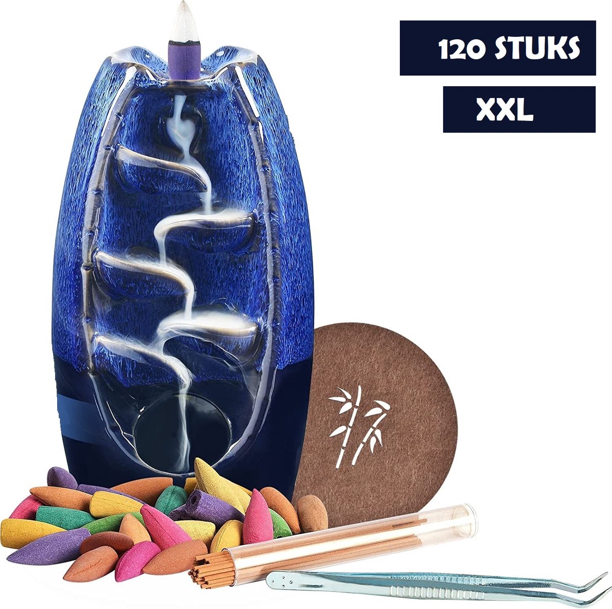 Wierookhouder waterval – Wierook Houder - Wierookbrander – Backflow Incense burner Waterfall – Incl. 120 XXL Kegels / 30 Aqua Wierookstokjes