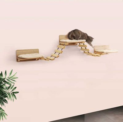 Katten klimmuur - 2 Ladders en 3 muurplanken - Kattenbrug - 120 cm - Klim wand - Krabpaal muur - Klimmuur kat