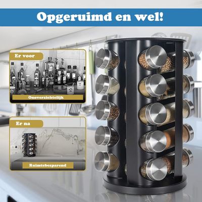 Kruidenrek staand – kruidenrek draaibaar – rek met 20 kruidenpotjes rond – kruiden organizer – Incl. 48 labels - Zwart 4